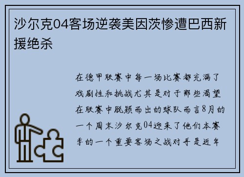 沙尔克04客场逆袭美因茨惨遭巴西新援绝杀